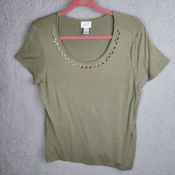 Knit Top Blouse Womens L Green Metallic Studs Scoop Neck  Short Sleeves Light - Picture 9 of 13